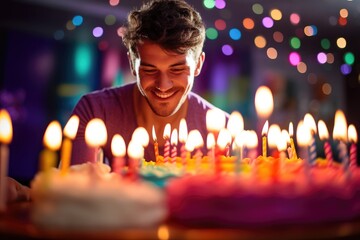 A man sitting in front of a birthday cake with lit candles. Generative AI. - Powered by Adobe