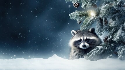 Card. A mischievous raccoon hiding behind a snow-covered Christmas tree, playful touch to the festive scene. The negative copy space is ready for your holiday message. Animal christmas.  - obrazy, fototapety, plakaty