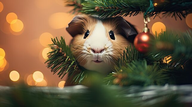 A comical image of a guinea pig peeking out from behind a holiday-decorated Christmas tree, its adorable expression and festive backdrop capturing the holiday spirit. Fairy tale illustration. 