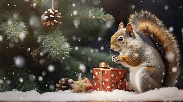 Fairy tale. A whimsical image of a squirrel playfully hiding behind a Christmas tree adorned with mini presents and snowflakes. Its mischievous pose brings a touch of holiday humor to the scene. 