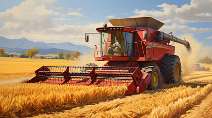 Obraz premium agriculture, field, combine, farm, harvester, harvest, wheat, tractor, crop, harvesting, farming, grain, machine, rural, machinery, summer, agricultural, landscape, sky, corn, farmland, land, blue, na