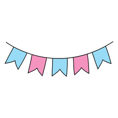 Obraz premium Cute doodle hand drawn pink and blue flags. Free hand paper cute baby garland isolated on white background, gender pati.