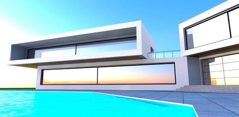 Bright distant sunrise reflected in long mirror window of the contemporary villa constructed in minimalist style. View from the pool surface. 3d rendering.