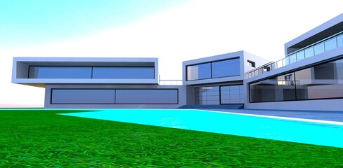 Classic minimalist style. Only green grass, blue water and spacious real estate with big windows. 3d rendering.