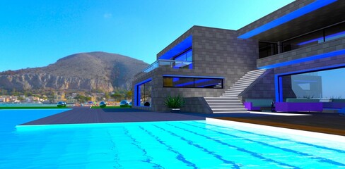 Exit from a glowing pool to the advanced beach house. Mountains village on the background. 3d rendering.