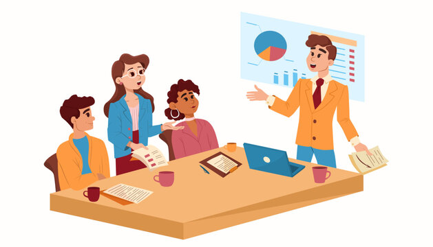 The concept of business presentation of the project. Business team presenting an online product. Flat graphic vector illustration isolated on white background. The concept of professional recognition.