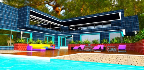 Advanced private house in a dense pine forest. Relax area near the pool. Day facade illumination. 3d rendering.
