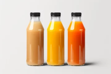 Rolgordijnen Three bottles of natural vegetable or fruit juices with black caps without labels isolated on a white background.generative ai  © Ivan