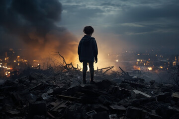 small boy silhouette. post apocalyptic war zone destroyed city. pile of rubble. smoke, fire, flames and ashes. 