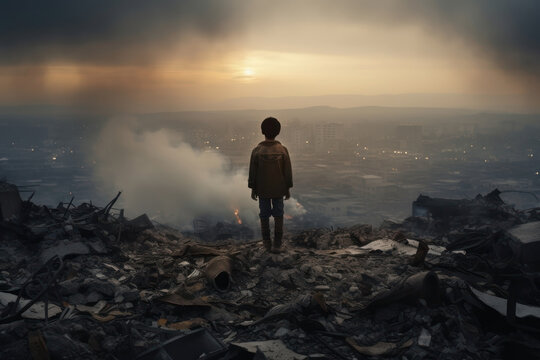 sad young boy in a war torn city. sad orphan. pile of rubble.