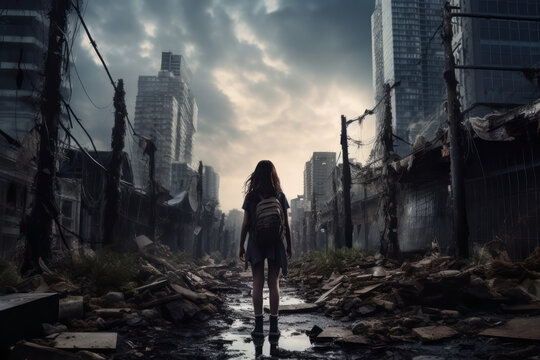 teen girl in awe. post apocalyptic survivor. post apocalyptic city street with destroyed buildings.