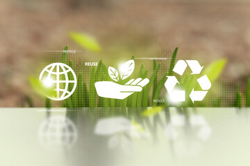 Reduce, reuse, recycle icon set. 3 recycle icons, Green sprouts on soil with bokeh background.