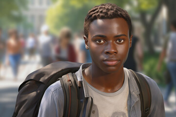 Young black refugee man with a backpack, student with a backpack outdoors