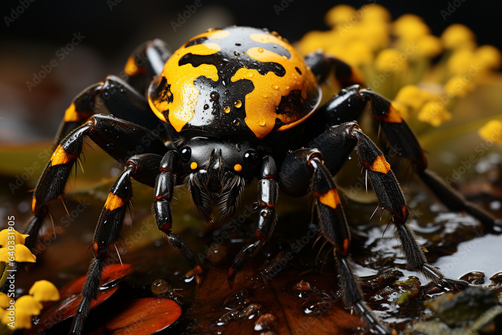 Poster a yellow and orange spider sitting on his web generative ai technology.