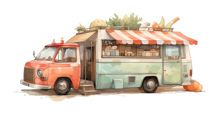Fototapeta premium Hot dog Food Truck. Street Food Truck concept with merchant character design. Watercolor vector illustration cute van with flowers white background