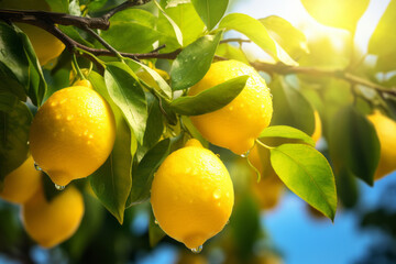Beautiful fresh lemons growing on a tree with green leaves with beautiful sunlight.generative ai

