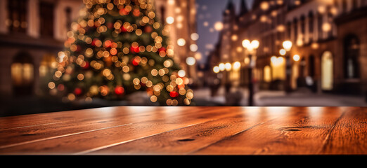Empty wooden table top with blurred Christmas tree and snowfall with bokeh light background. street night city lights. Christmas holiday background for product display, digital a