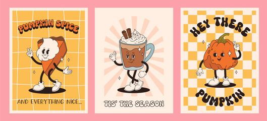 Funny Retro cartoon Pumpkin Character in groovy 50s, 60s, 70s Vintage Style. Happy Autumn mascot with pumpkin spice latte, pumpkin pie, pudding, cake, cupcake, waffles, donut and coffee.
