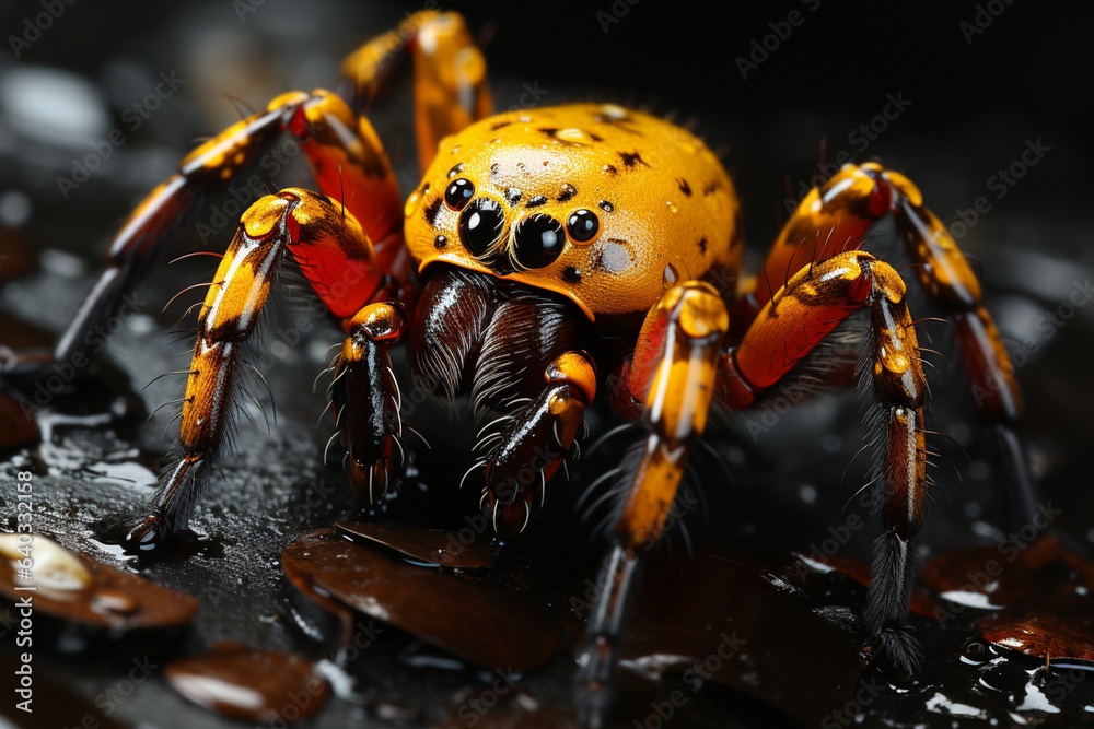 Poster a yellow and orange spider sitting on his web generative ai technology.