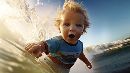 baby with the appearance of a professional surfer.generative ai