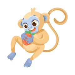 Cheerful Monkey Character with Prehensile Tail Hold Strawberry Vector Illustration