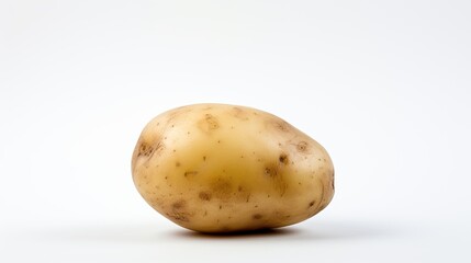 Image of one unpeeled potato lying on a white background.