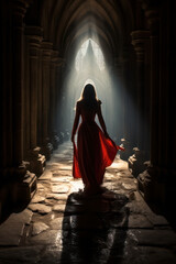 Naklejka premium pretty sorceress woman walking down a castle corridor isle. tall stone columns on both sides. long red dress.