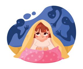 Childhood Fear with Little Girl Character Afraid of Darkness and Monster Cover with Blanket Vector Illustration