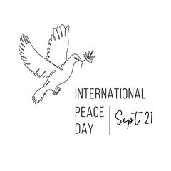 Fototapeta na wymiar International Peace Day. Linear dove with olive branch. Symbol of peace. Vector illustration isolated on transparent background.