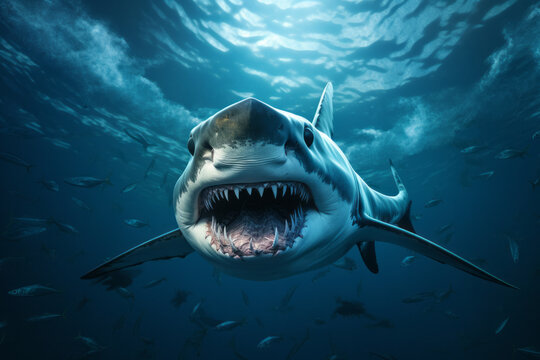 Shark with jaw open under water, shark with teeth.generative ai

