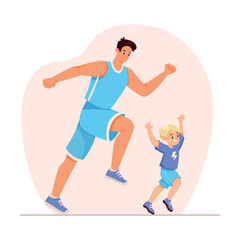 Happy Dad with Son Doing Sport Activity Running Vector Illustration
