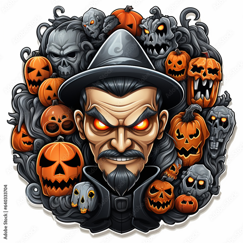 Poster stylized sticker of halloween theme icons with white background generative ai technology.