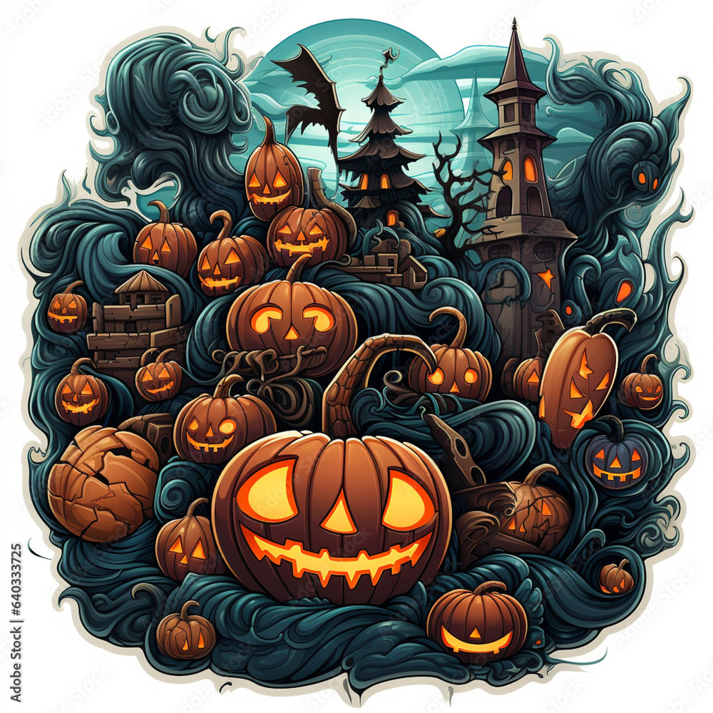 Poster stylized sticker of halloween theme icons with white background generative ai technology.