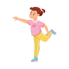 Happy Little Girl Doing Sport Activity Stretching Body Vector Illustration