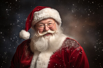 Christmas, New Year holidays concept. Happy traditional close-up Santa Claus portrait. Santa with gray beard and wearing red traditional costume with hat smiling to camera. Generative AI