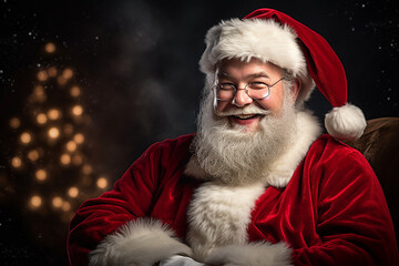 Christmas, New Year holidays concept. Happy traditional close-up Santa Claus portrait. Santa with gray beard and wearing red traditional costume with hat smiling to camera. Generative AI