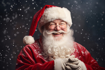 Christmas, New Year holidays concept. Happy traditional close-up Santa Claus portrait. Santa with gray beard and wearing red traditional costume with hat smiling to camera. Generative AI