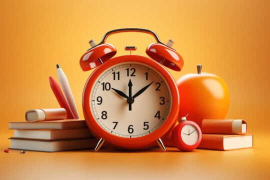 Red alarm clock with elements or school supplies on an orange background.generative ai
