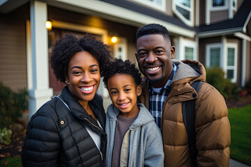 African American family in front of newly bought house ownership smile proudly at real estate success.generative ai