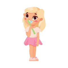 Little Girl Brushing Her Teeth with Toothbrush Engaged in Dental Care Vector Illustration