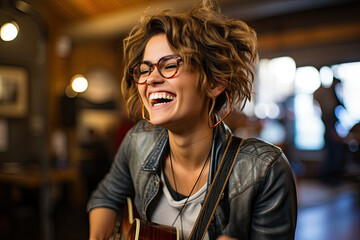 photograph of Smiling female musician wearing glasses. wide angle lens realistic lighting...