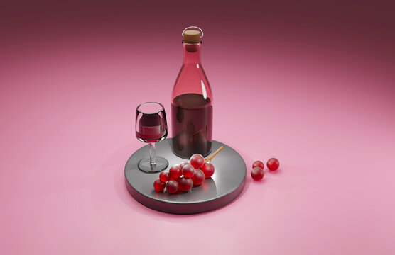 3D rendering of red wine, grape wine, bunch of grapes on metal plate with botlle and wine glass