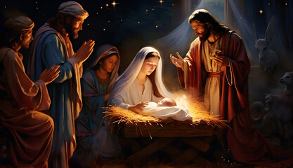 Scene of the birth of Jesus. Christmas nativity scene. - obrazy, fototapety, plakaty
