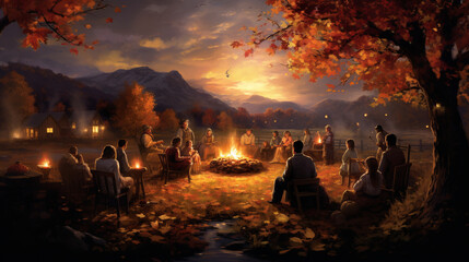 A gathering of friends and family around a bonfire, sharing stories and warmth on Thanksgiving evening, Background, Thanksgiving,