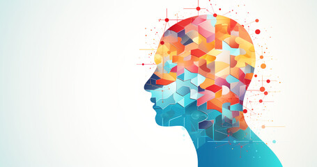Head profile with jigsaw puzzle pieces falling apart. Alzheimer's and dementia, mental illness and brain disorder vector illustration