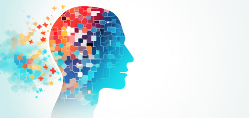 Head profile with jigsaw puzzle pieces falling apart. Alzheimer's and dementia, mental illness and brain disorder vector illustration