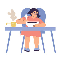 Little Girl Eating Breakfast as Children Day Activity Vector Illustration