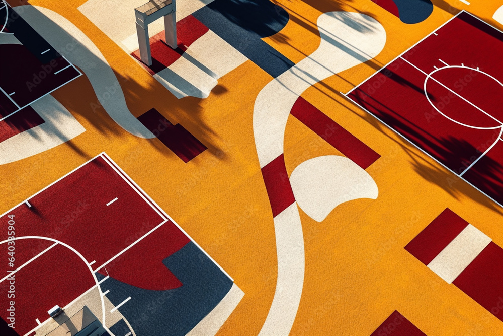 Aufkleber an overhead shot of an outdoor basketball court, revealing the intricate patterns and markings on th