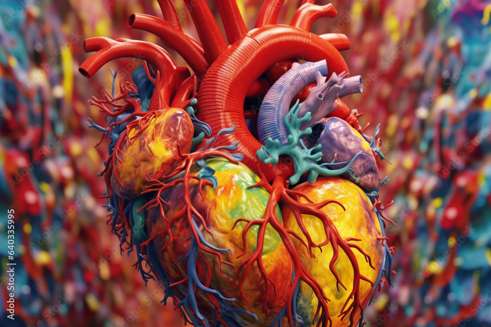 Aufkleber an abstract representation of a human heart, composed of colorful swirls and patterns, conveying the