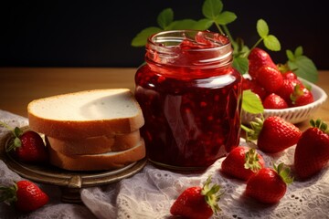 Jar with red strawberry jam next to slices of bread and fresh strawberries on the table, close-up view.generative ai
